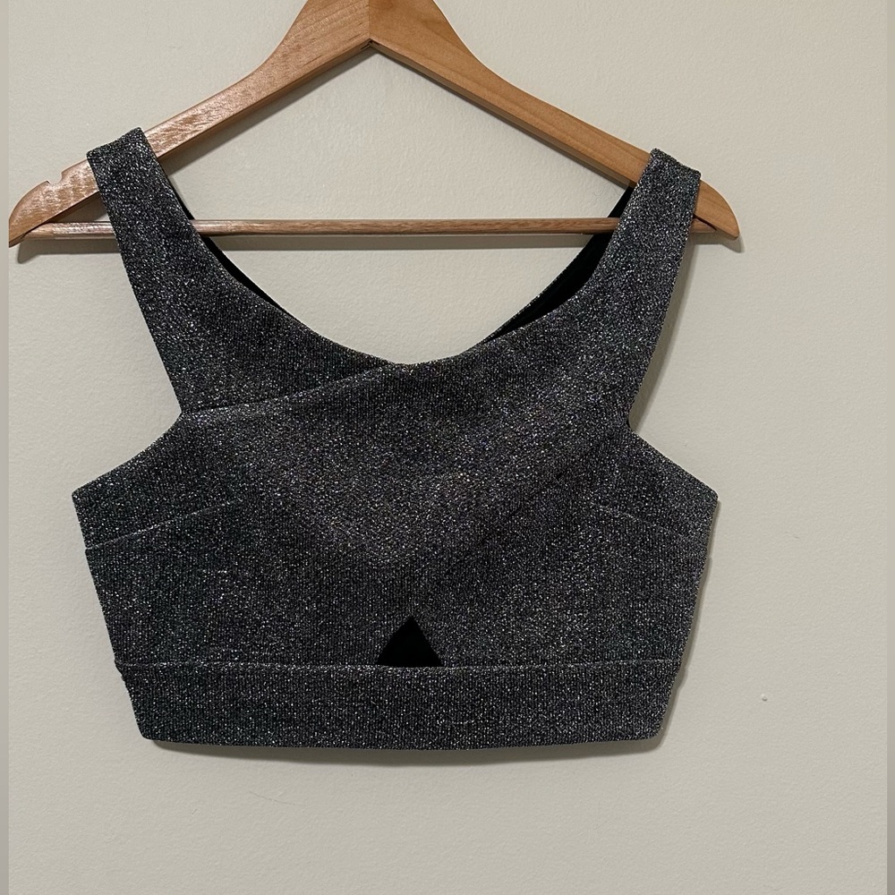 Express Silver Metallic Criss Cross Cut-Out Crop Top